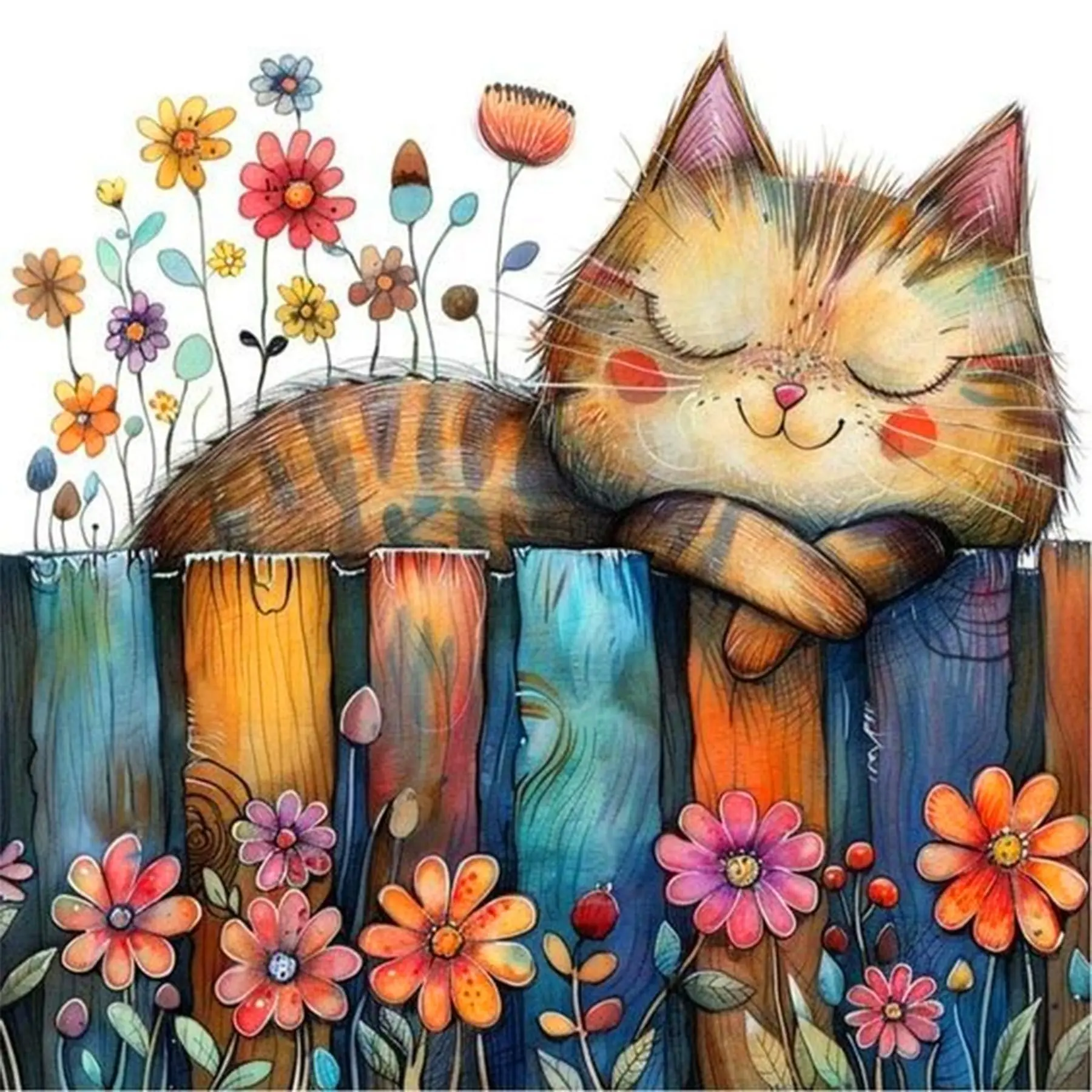 5D Diamond Art Kits for Adults, Cute Cat Painting for Beginners, DIY Full Round Drill Diamond Dots, Dimond Art Paintings, Gem Paint by Diamonds Kit, Cozy Kitten Garden Wooden Fence Floral, Pet Animal, Home Wall Decor Gifts