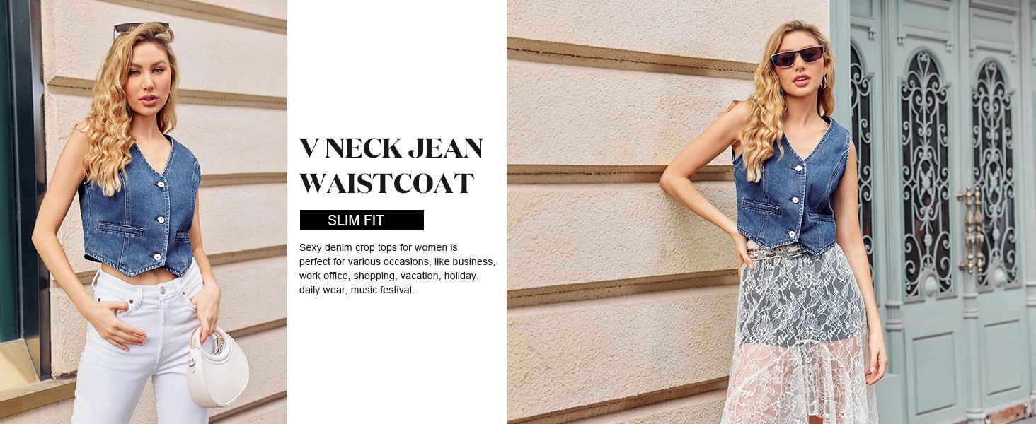 Imily Bela Womens Denim Vest Sleeveless V Neck Button Down Jean Waistcoat Jacket Y2K Summer Crop Tops