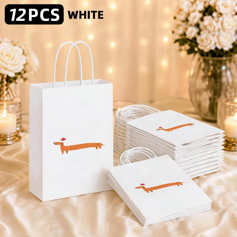 12 white minimalist-style gift bags with cute dachshund dog pattern, with handles, suitable for party favors, weddings, baby parties, birthdays, size 15X8X 21cm
