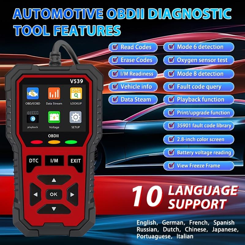 Professional OBD2 Diagnostic Scanner, USB Powered, Engine Fault Detector, Fault Code Reader, Battery Tester, I/M Readiness, Fault Code Remover, Support 10 Languages, Works with All OBD II Protocol Cars Since 1996, No Battery Required