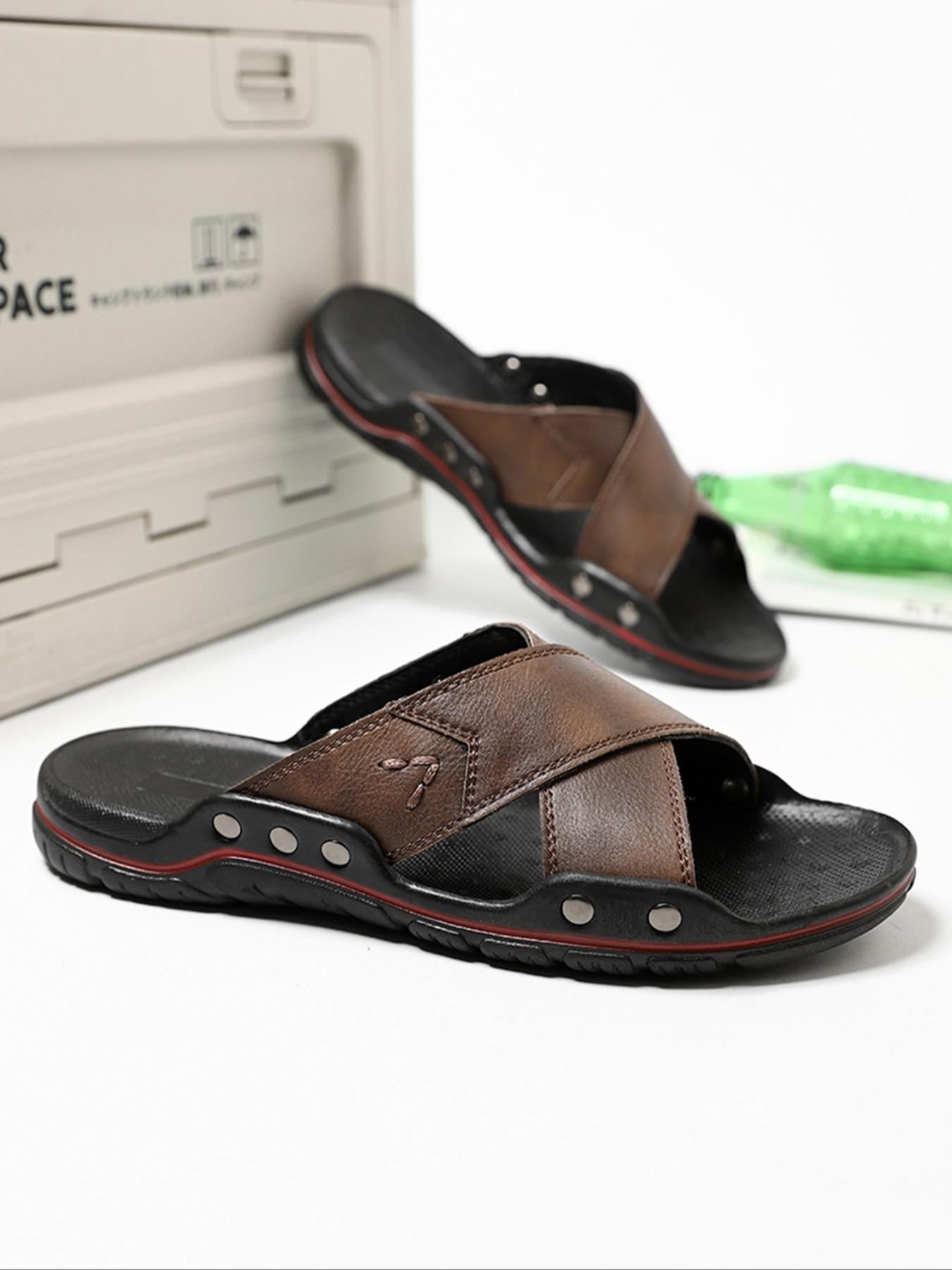 Men's Minimalist Fashionable Criss Cross Design Slippers, Casual Comfortable Breathable Flat Sandals for Summer, Non-slip Slippers for Beach Vacation, Leather Slides