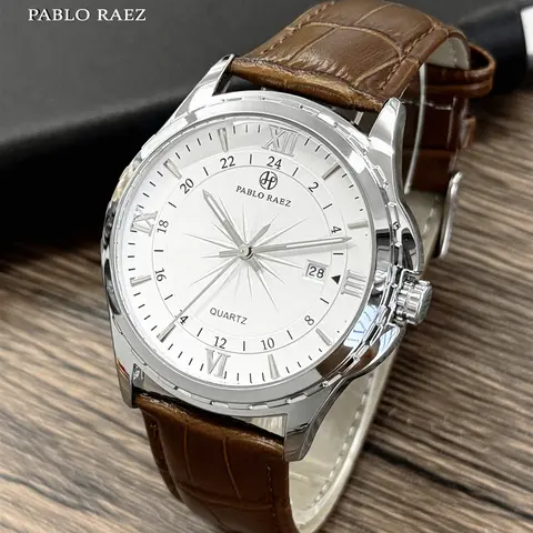1PC men's wristwatch, Leather Strap Watch, Business fashion watches, IPS silver stainless steel case, simple date display, quartz movement, luminous, Roman numerals & bar scale, for daily use, gift for father or male friend, Quartz Wristwatches