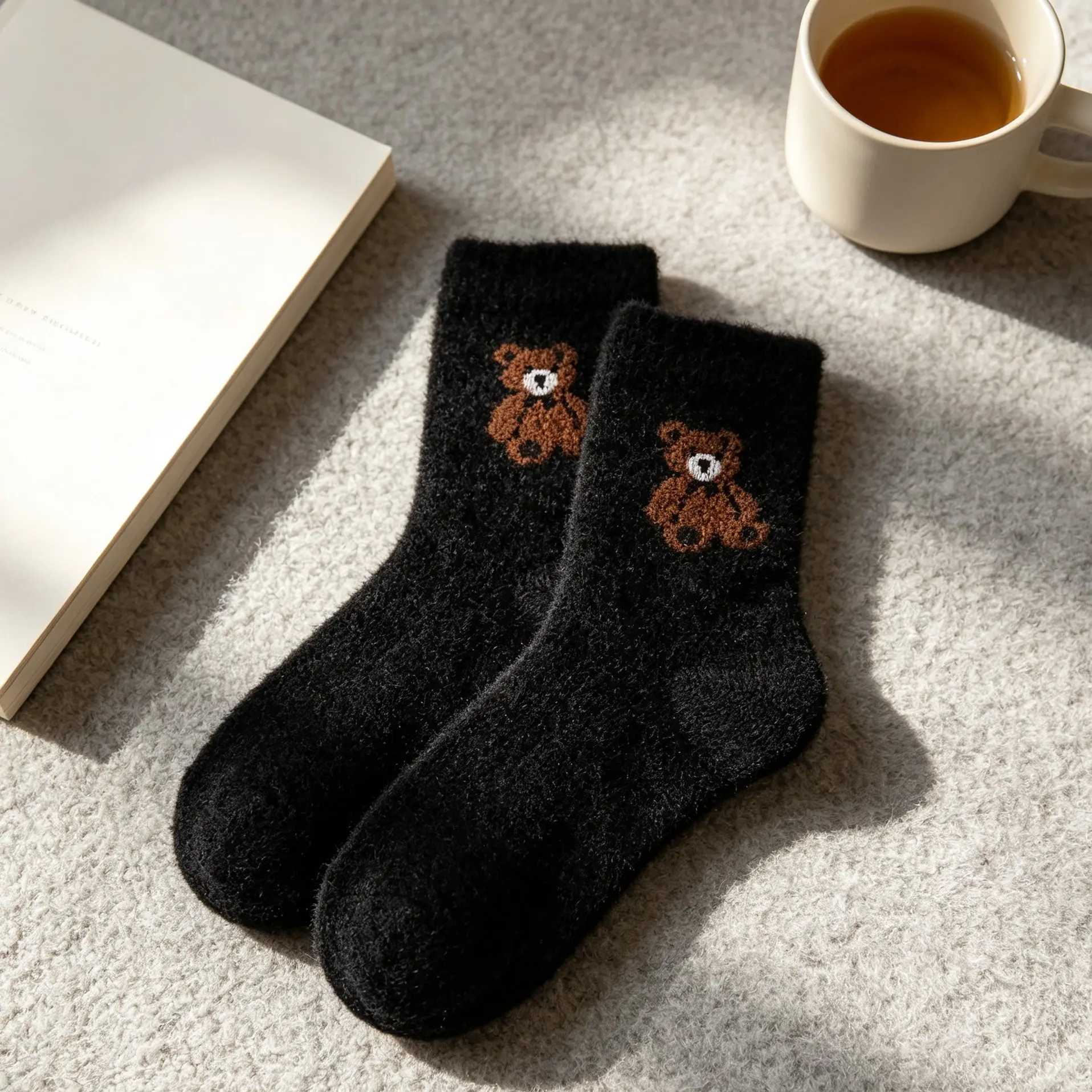 Women Mink Fleece Bear Socks, Thick Warm Home Sleeping Floor Socks