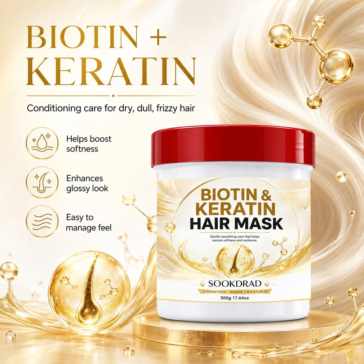 Biotin Keratin Hair Mask, contains biotin and keratin, strengthen, repair, moisturize, restore softness, restore resilience, for hair, 500g
