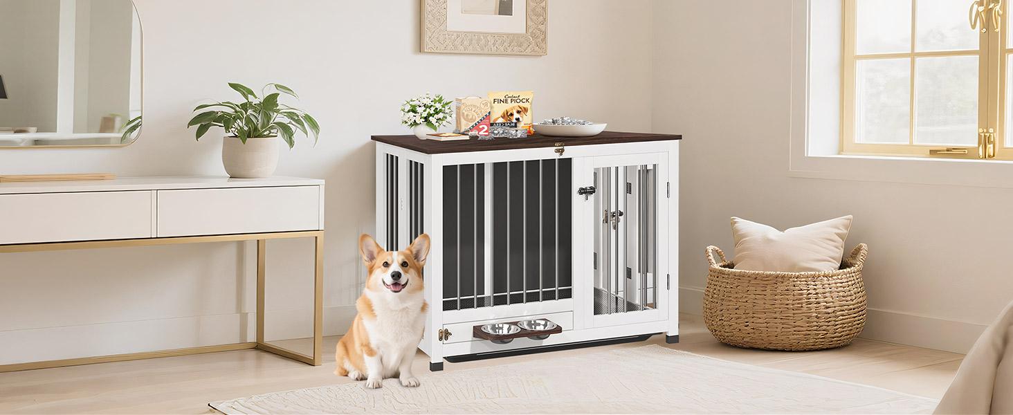 31.5" Wooden Dog Crate Furniture - Foldable Indoor Kennel with 360 °   Rotating Feeder |   Multi-Functional End Table for Small & Medium Dogs |   Portable Pet Cage with Removable Tray & Easy Assembly