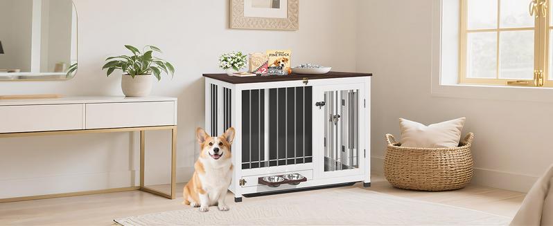 31.5" Wooden Dog Crate Furniture - Foldable Indoor Kennel with 360 °   Rotating Feeder |   Multi-Functional End Table for Small & Medium Dogs |   Portable Pet Cage with Removable Tray & Easy Assembly