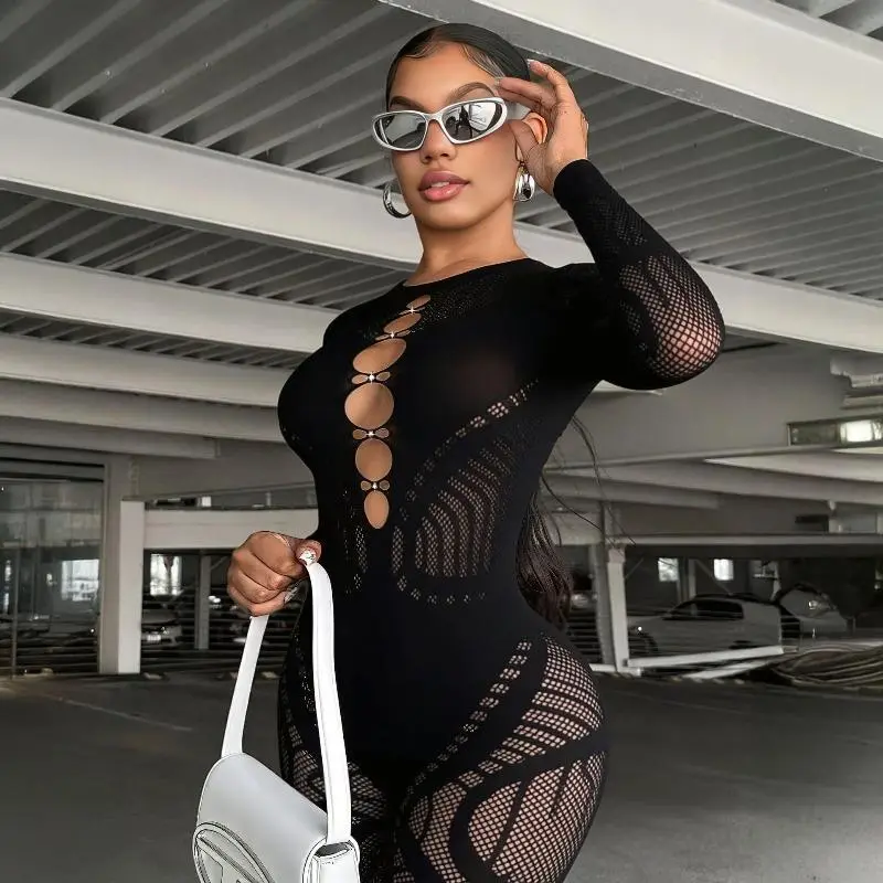 Women's High-Waist Rhinestone Hollow Thick Knitting Long-Sleeve Basic Integrated Bodysuit Outerwear, Women's Clothes Essential, High-Waist Bodysuit, Funky, Polyester, Peppy, Polyester Clothes, Lady, Female, Glamorous
