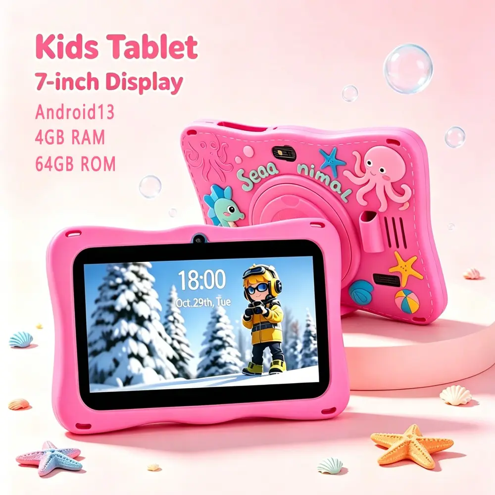 Children's tablet computer 7-inch Android 13 system 4GB RAM 64GB ROM, parents can control pre installed educational learning software, supports WIFI Bluetooth function, shockproof silicone protective cover, octopus can support protective cover