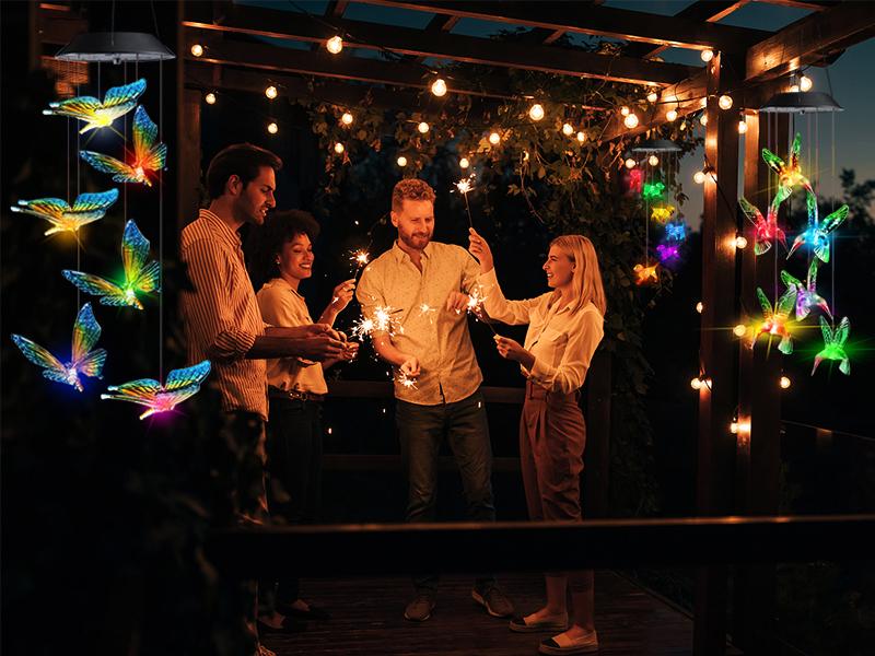 Solar-powered colorful changing butterfly wind chime, LED waterproof decorative hanging light, a perfect holiday gift for mom, wife, or children, suitable for gardens, porches, patios, courtyards, and windows.