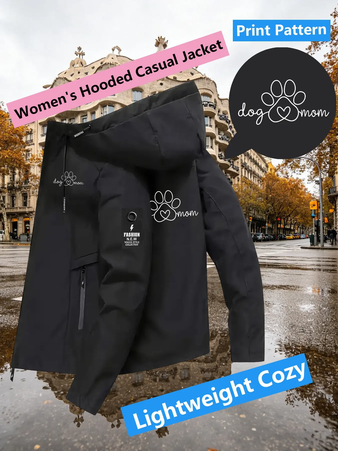 Women's Hooded Windbreaker Jacket Double sided Dog Mom Paw Heart Cursive Print Jacket Two Color Options Hooded Loose All Season Warm Jacket Ideal for Daily Commute Hiking Climbing Wear Skin Friendly Breathable Machine Washable Plussize