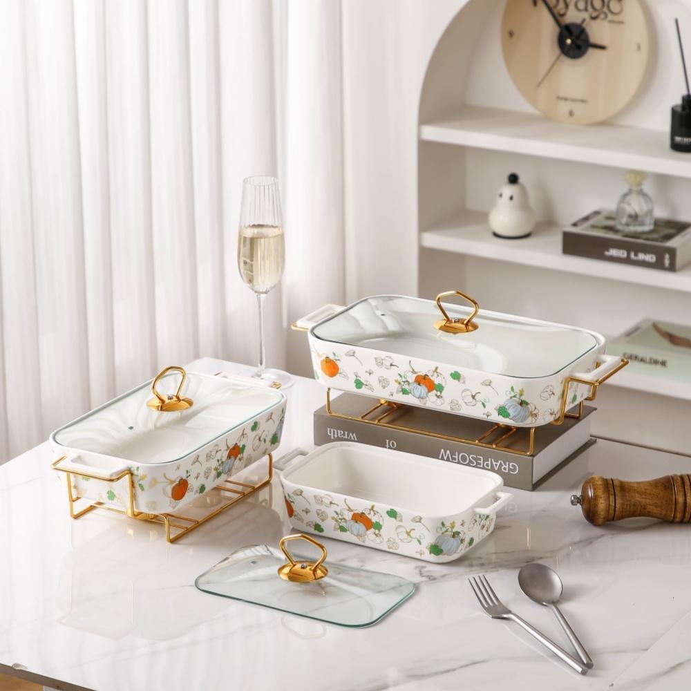 Rectangular Ceramic Casserole with Lid, High-Temperature Glazing for Halloween and Christmas, Available in Three Sizes, Creative Pot Holder for Home Dining & Parties