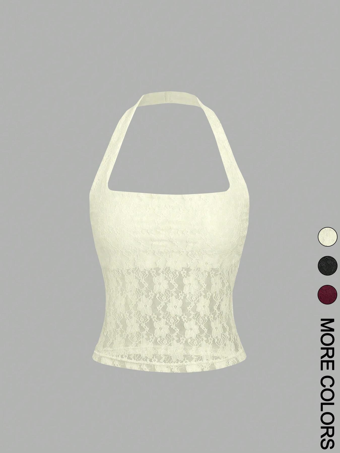 Women's Plain Floral Lace Halter Neck Top, Elegant Sleeveless Top for Party Vacation, Ladies Clothes for Summer, Casual Sleeveless Cami, Womenswear