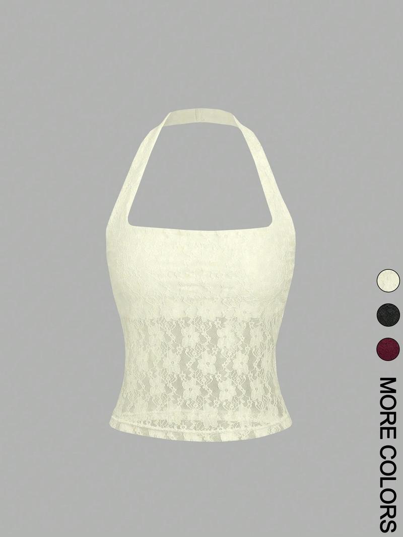 Valentine's Day Women's Plain Floral Lace Halter Neck Top, Elegant Sleeveless Top for Party Holiday Vacation, Ladies Clothes for Summer, Womenswear
