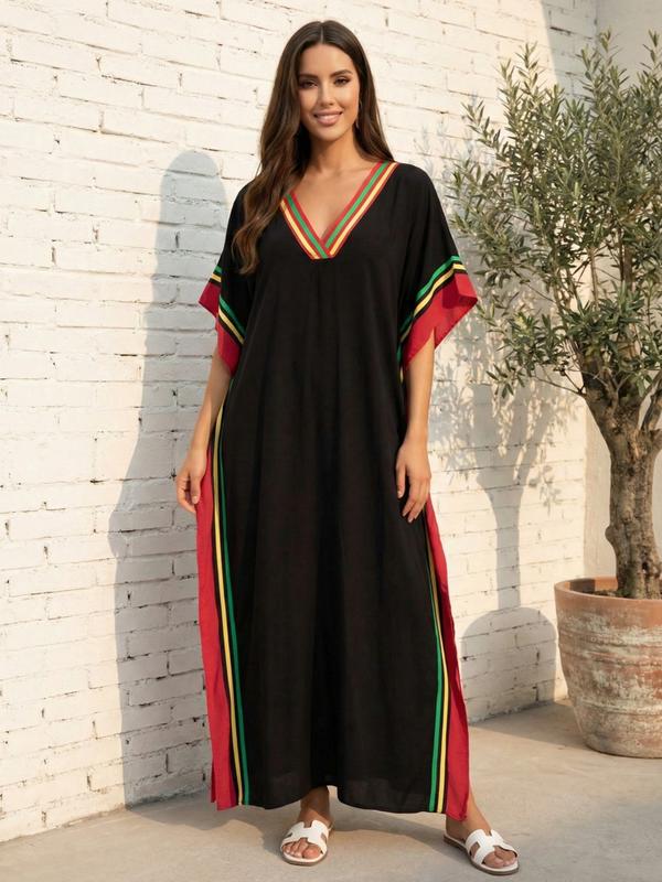 EDOLYNSA Striped kaftan dress cozy house robe muumuu outfits Moo Moo Dress vacation relaxed beach wear leisure wear versatile cover up daily wear Homewear Boho Casual Dress Q1615
