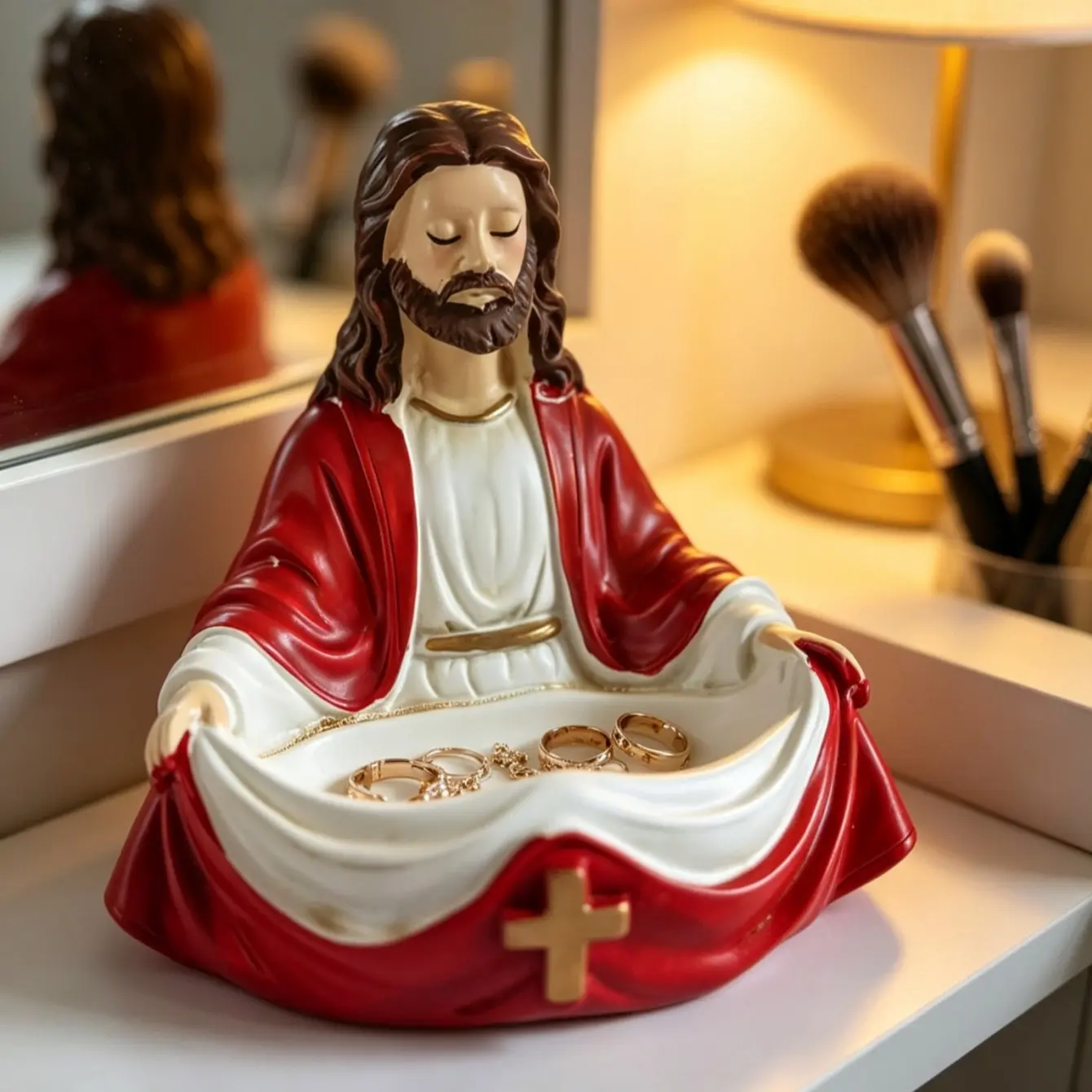 Saint Father Mother Statue Jewelry Organizer Tray, Ring Necklace Bead Holder, Catholic Prayer Corner Desktop Decor Craft