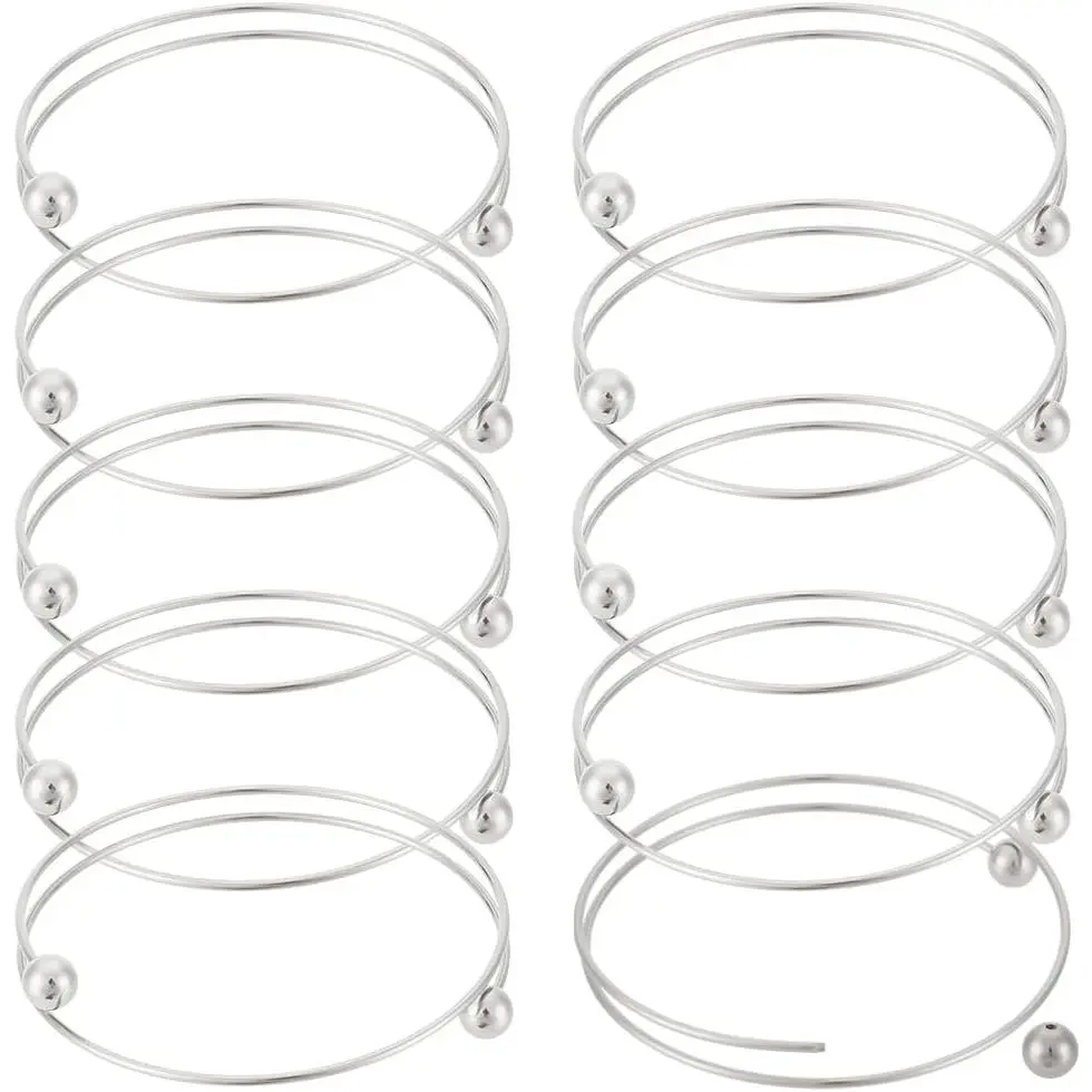 10 count Stainless Steel Wire Bracelet Adjustable Bangle Bracelet Blank Cuff Bracelet with Removable Ball Bead Expandable Blank Bangle Bracelets for  Making, 2.5 inch -