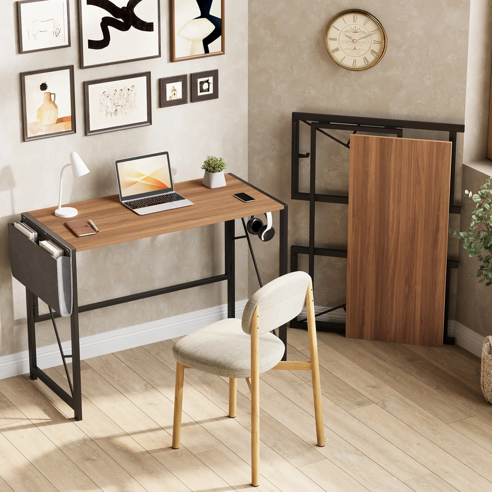 Compact Folding Utility Table with Storage Bag and Hook – 39.4" Collapsible Writing Table for Bedroom,Home or Apartment – Space-Saving Home Office Computer Desk for Work and Study, Brown/Black