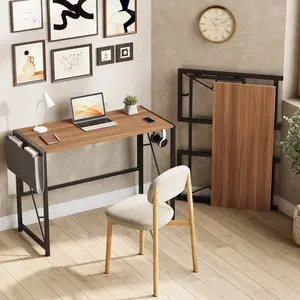 Compact Folding Utility Table with Storage Bag and Hook – 39.4" Collapsible Writing Table for Bedroom,Home or Apartment – Space-Saving Home Office Computer Desk for Work and Study, Brown/Black