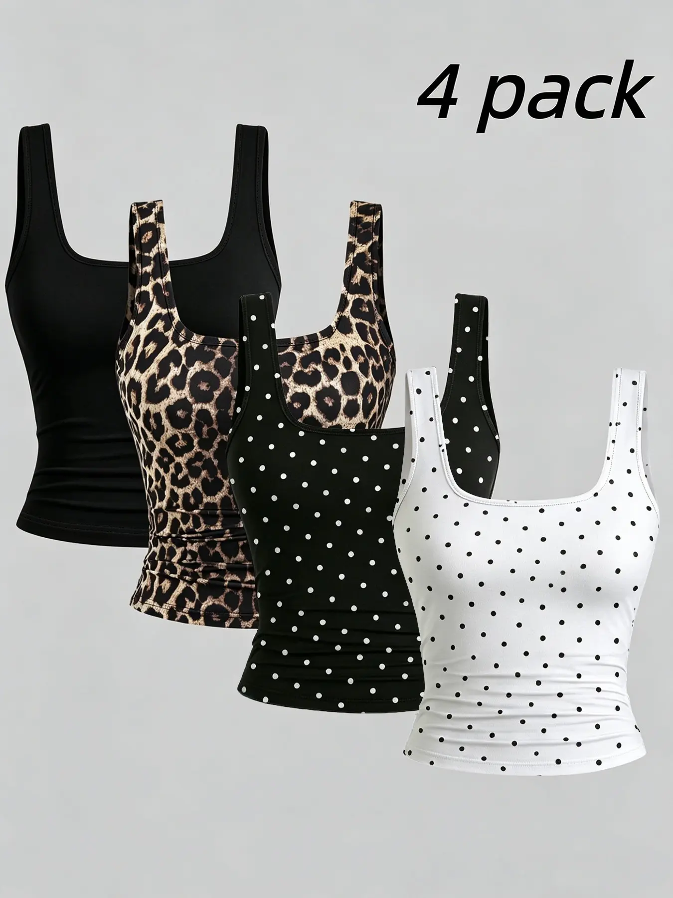 Summer New Square Neck Elastic Tank Top Underwear, Sleeveless, Leopard Print Polka Dot + Solid Color, Four-Piece Set, Multiple Colors Available, Casual Slim-Fitting