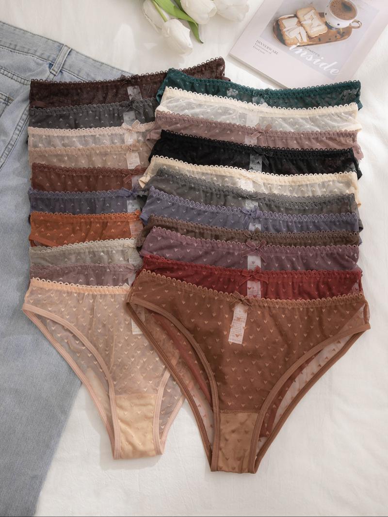 Women's 21pcs Heart Print Bow Decor Contrast Lace Knicker, Soft Comfy Breathable Panty for Daily Wear, Underwear for All Seasons