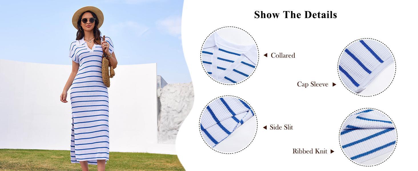 Imily Bela Womens Striped Summer Dresses Short Sleeve V Neck Knit Collared Sexy Slit Loose Maxi Sweater Dress SpringStatements Imily Bela Womens Striped Summer Dresses Short Sleeve V Neck Knit Collared Sexy Slit Loose Maxi Sweater Dress SpringStatements