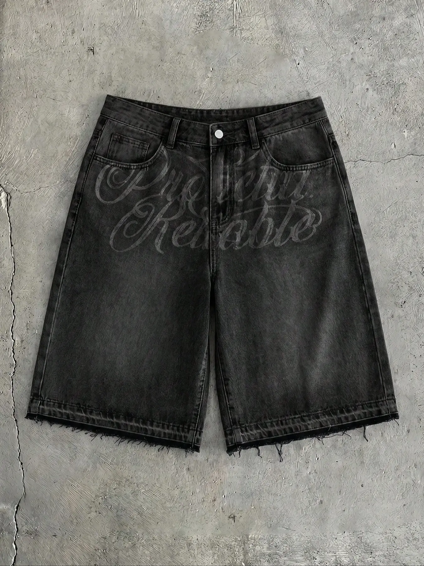 Men's Washed Embossed Cursive Letter Denim Jorts, Raw Frayed Hem, Baggy Wide Leg, Hip Hop Classic Vintage Streetwear, Knee Length Jean Shorts