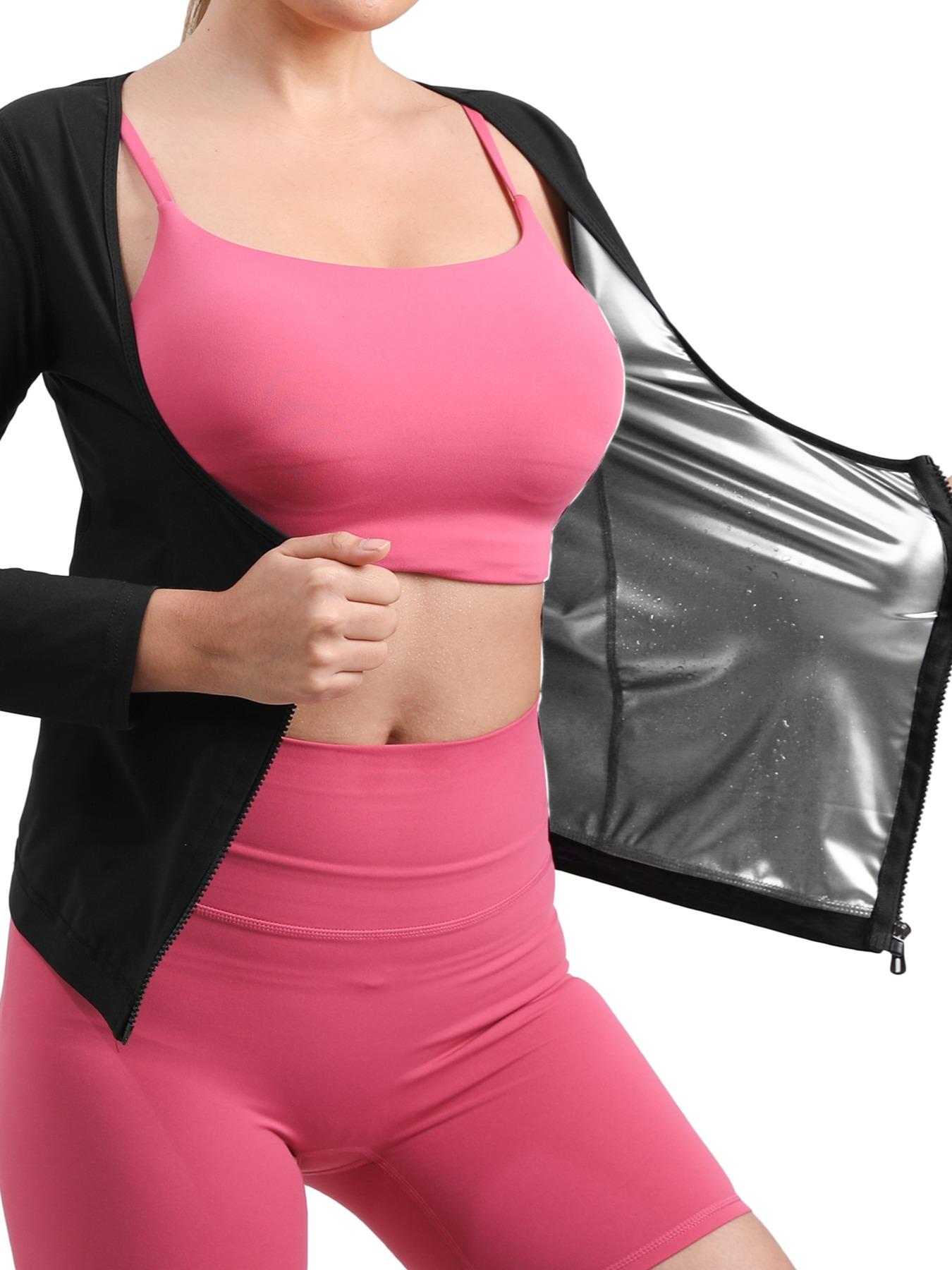 Women's Solid Long Sleeve Zip Up Sauna Top, Open Bust Tummy Control Sports Shapewear Top, Workout Gym Exercise Clothing, Women's Workout Clothes