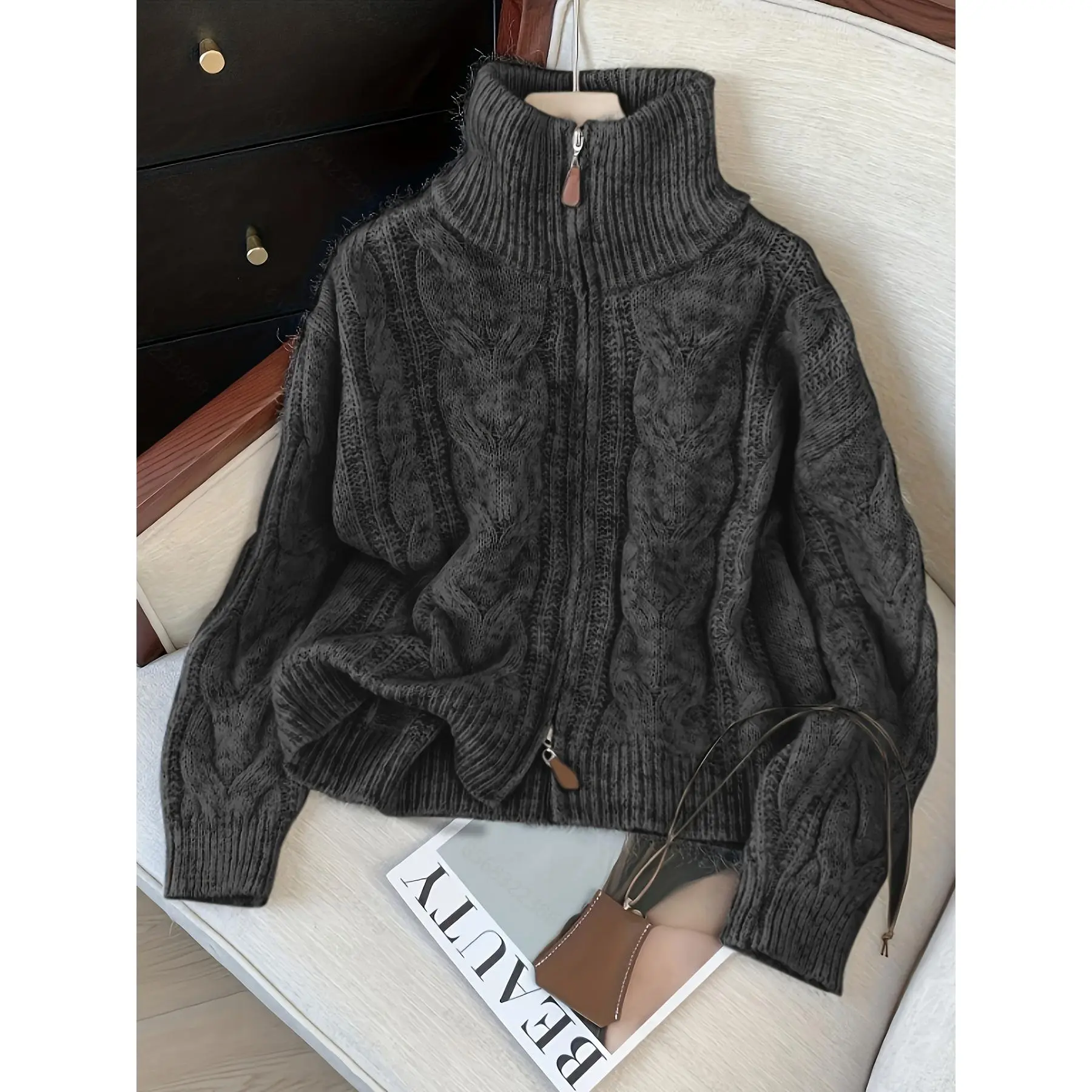 Women'S Winter Ele Sweater Cardigan Double Zipper Cardigan