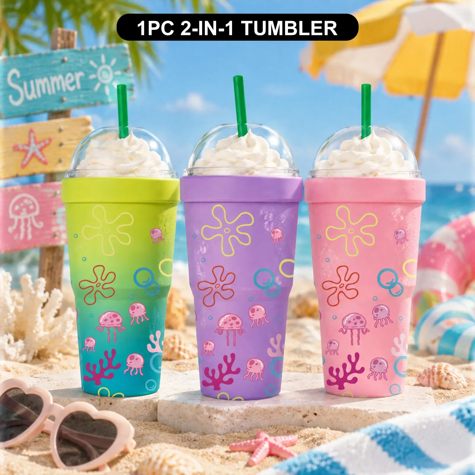 1PC 32oz Cute Jellyfish Ocean Print 2-in-1 Insulated Tumbler & Iced Coffee Cup Sleeve, Leak-Proof Double Wall Vacuum Stainless Steel Travel Mug, Cold 12+H & Hot 6+H, Fits 16–24oz To-Go Cups, Summer Beach Gift for Friends & Family