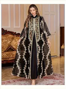 Elegant Muslim Long Dress for Ramadan, Colorblock Eyelet Embroidery, Slim-Fitting Casual Dress, All-Seasons Plain Surface