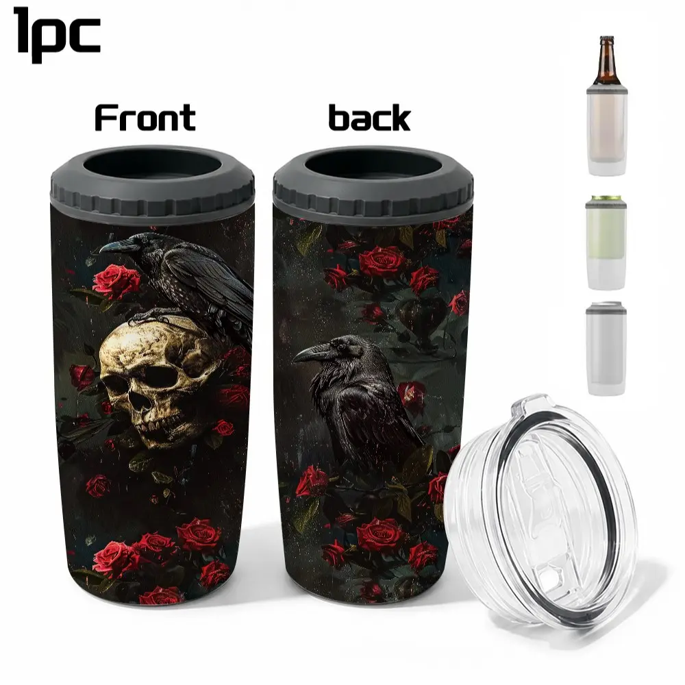 Dark Gothic Raven Skull Rose 16oz Stainless Steel Insulated Cup, Multi-Functional Beer Beverage Cooler, Outdoor Party Can Holder