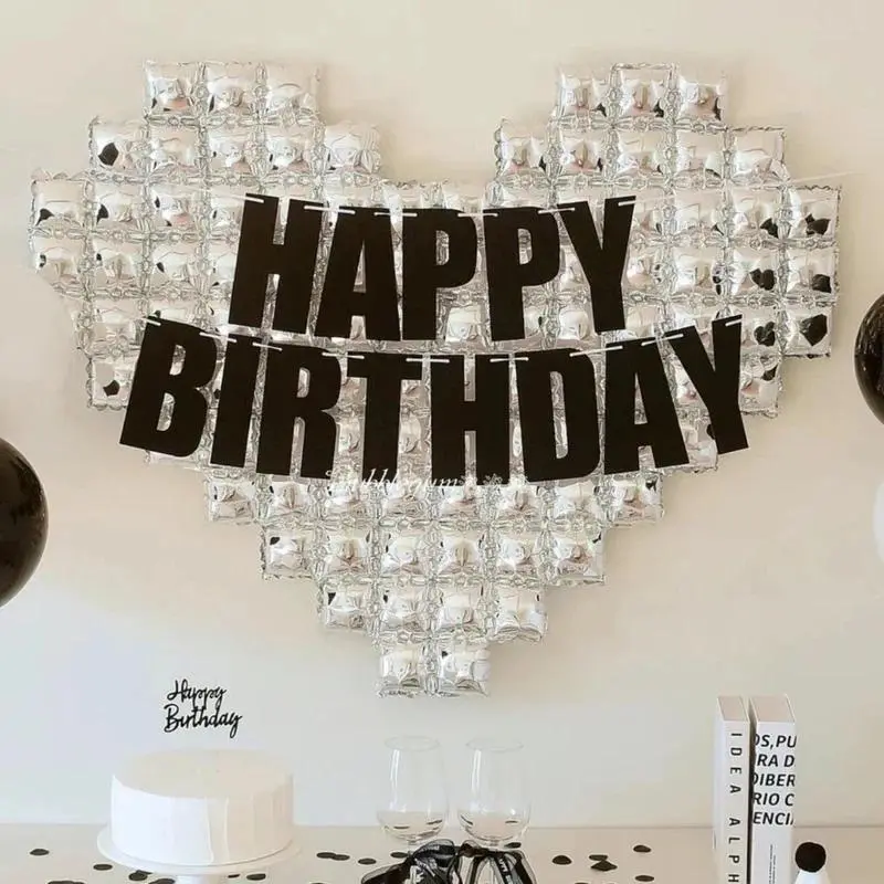Happy Birthday Decorations: Oversized Silver Mosaic Heart Backdrop Balloons & Black Glitter Banner