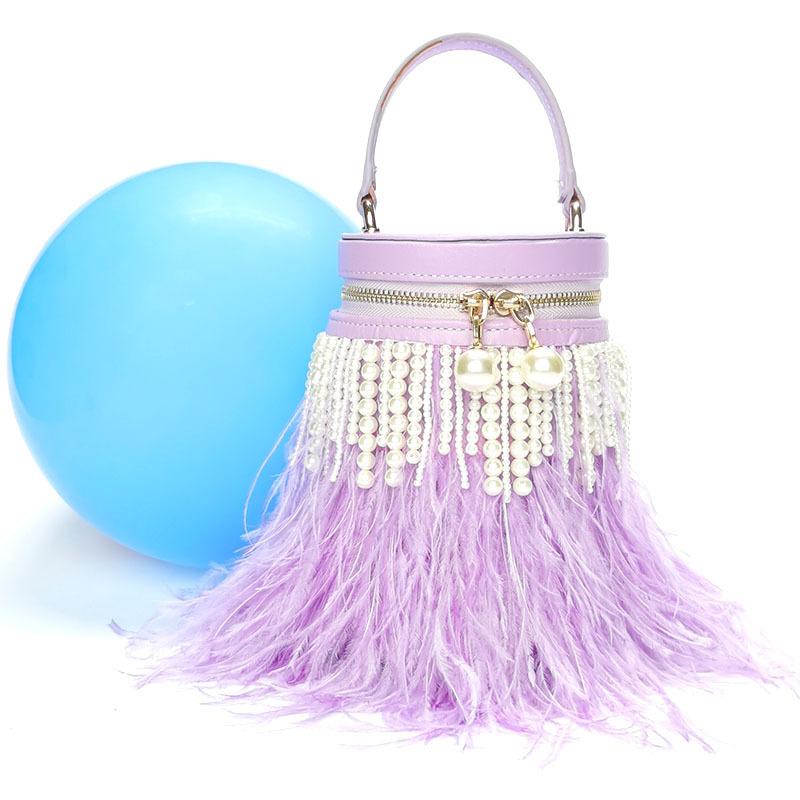 2026 Fashionable Light Luxury Pearl Tassel Feather Bag Round Barrel Single Shoulder Handbag Crossbody Bag