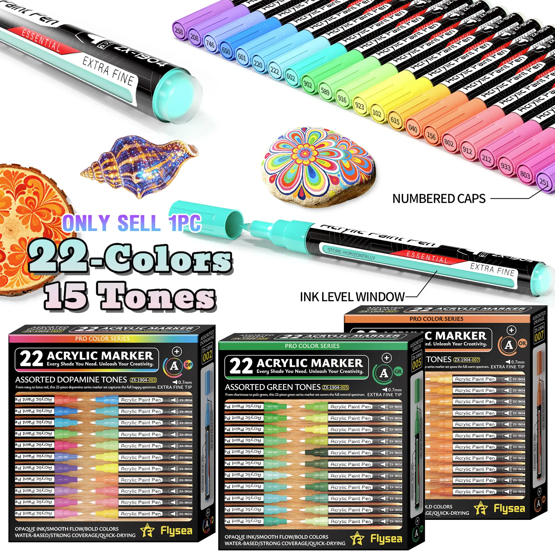 Flysea Acrylic Paint Marker Set, 22 Colors, Fine Tip 0.7mm, Quick-Dry, Visible Ink Window, Ideal for Stone, Wood, Metal, Glass, Canvas