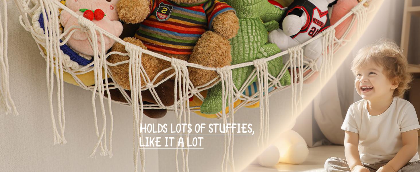 Stuffed Animal Hammock Corner, Hand-knitted Large Plushie Net Toy Hammock with Wooden Rings | Boho Cute Stuff Animal Storage for Nursery & Bedroom | Mesh Kids Toy Organizer Holder Nursery Room Decor