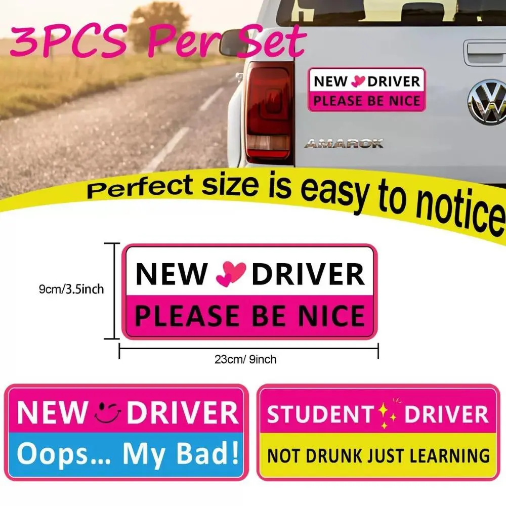 3pcs Student Driver Car Stickers Set 2 Styles Magnetic & Self-Adhesive New Driver Warning Decals Reflective Novice Driver Bumper Stickers for Vehicle Safety Reminder