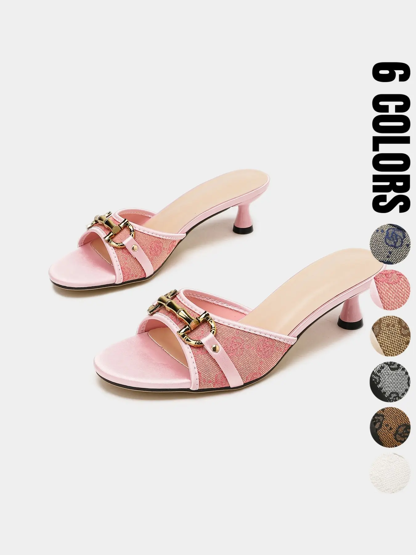 Women’s Open Toe Mule Sandals, Printed Jacquard Kitten Heel Dress Sandals with Gold-Tone Hardware for Chic Summer Footwear, Party and Daily Wear