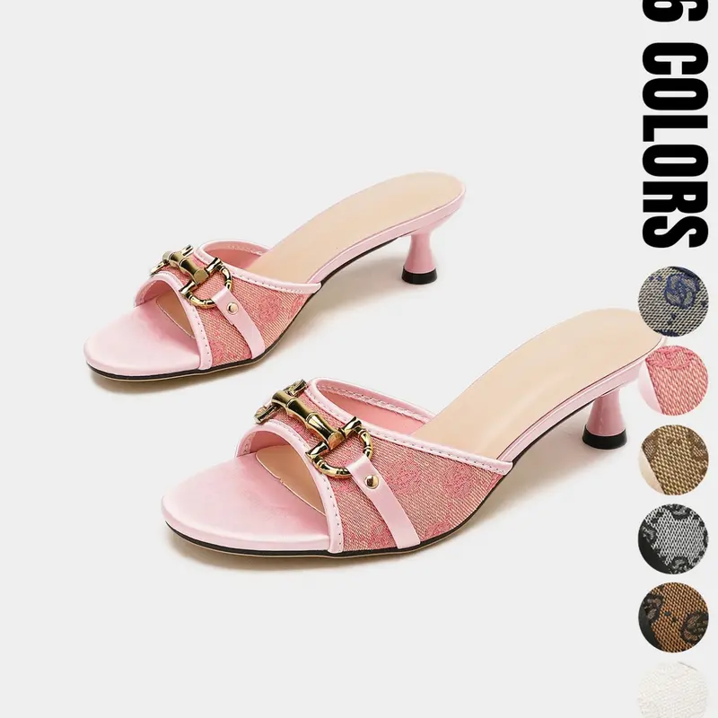 Women's Open-Toe Mule with Printed Jacquard Upper and Kitten Heel, Gold-Tone Hardware Dress Shoes for Summer, Party and Daily Wear, Sandals Heels