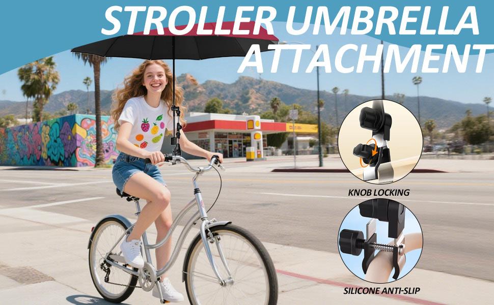 Universal 360 °   Adjustable Stroller Umbrella Attachment, Umbrella Holder for Chairs, Bikes & Wheelchairs - Clamp Fits 0.6-1.2in Handles, Beach Camping Gear