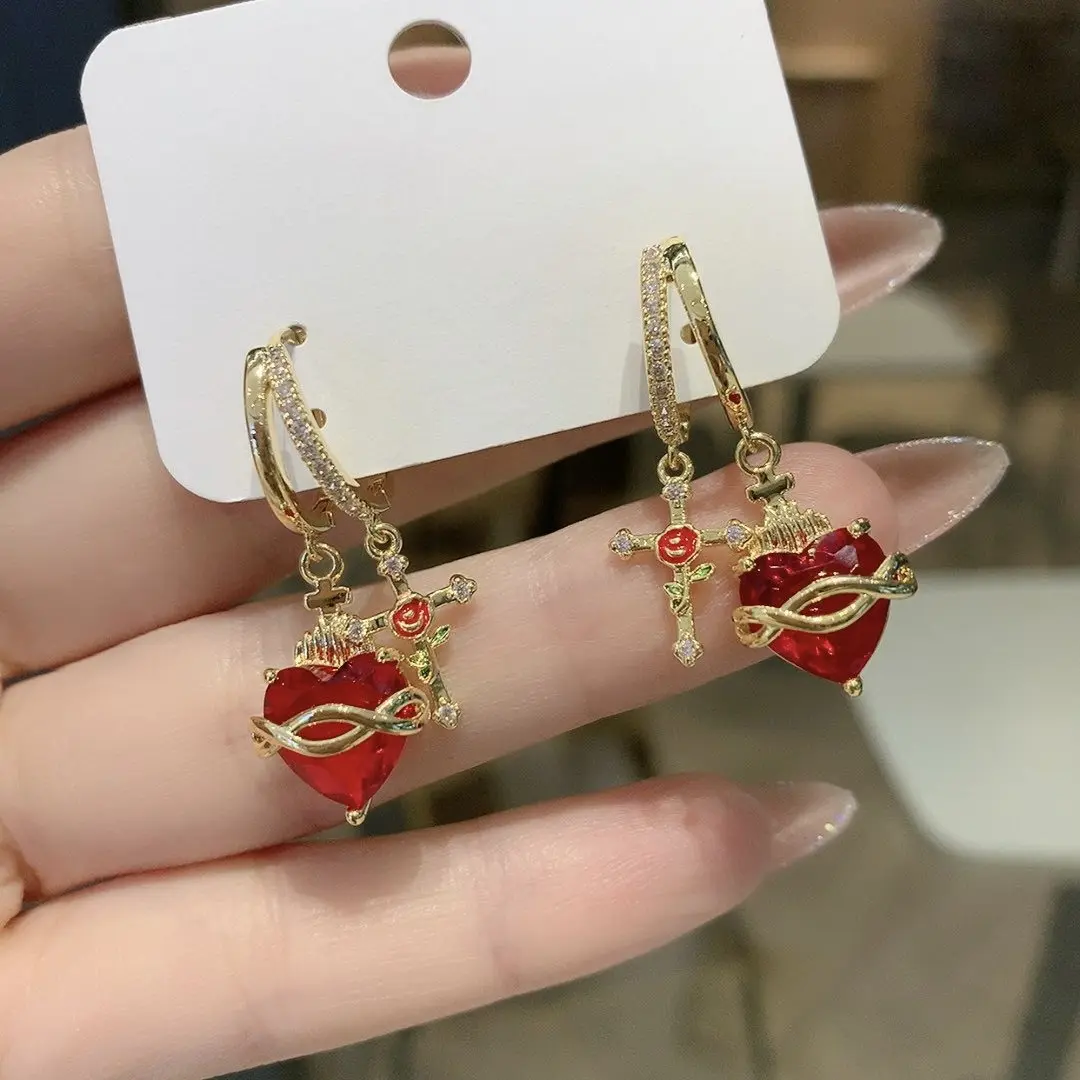 34#Women Vintage Red Heart Flame Thorn Drop & Stud Earrings Daily Fashion Ear Accessories