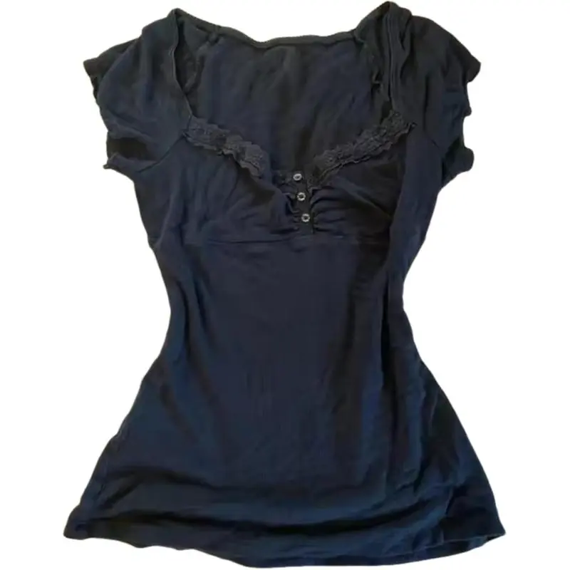 Women’s Y2K Graphic Crop, Grunge Goth Lace Bow Babydoll Shirt, Vintage Coquette Short Sleeve Tee for Summer Streetwear