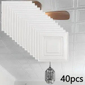 40pcs Self-Adhesive Foam Wallpaper, Waterproof Wall Stickers, Ceiling Background Decor, Thickened Wall Decals, Square Grid Wallpaper