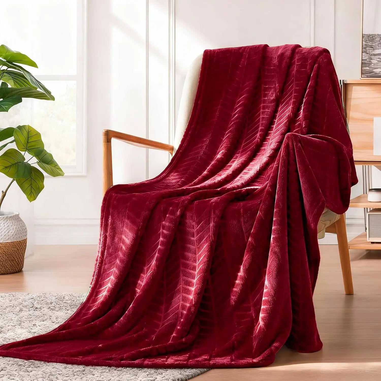 Soft Flannel Fleece Throw Blanket 50x60 Inches Burgundy Lightweight Winter Blankets Chevron  for Sofa Couch Bed  Warm Cozy Decorative