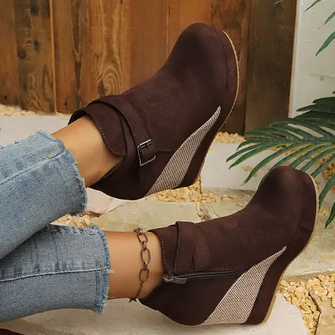 Women's New Fall Winter Faux Fur Thick‑Sole Wedge High‑Heel Round‑Toe Casual Fashion Ankle Boots, Boots with Zipper, Side Zipper, Square Buckle Decoration