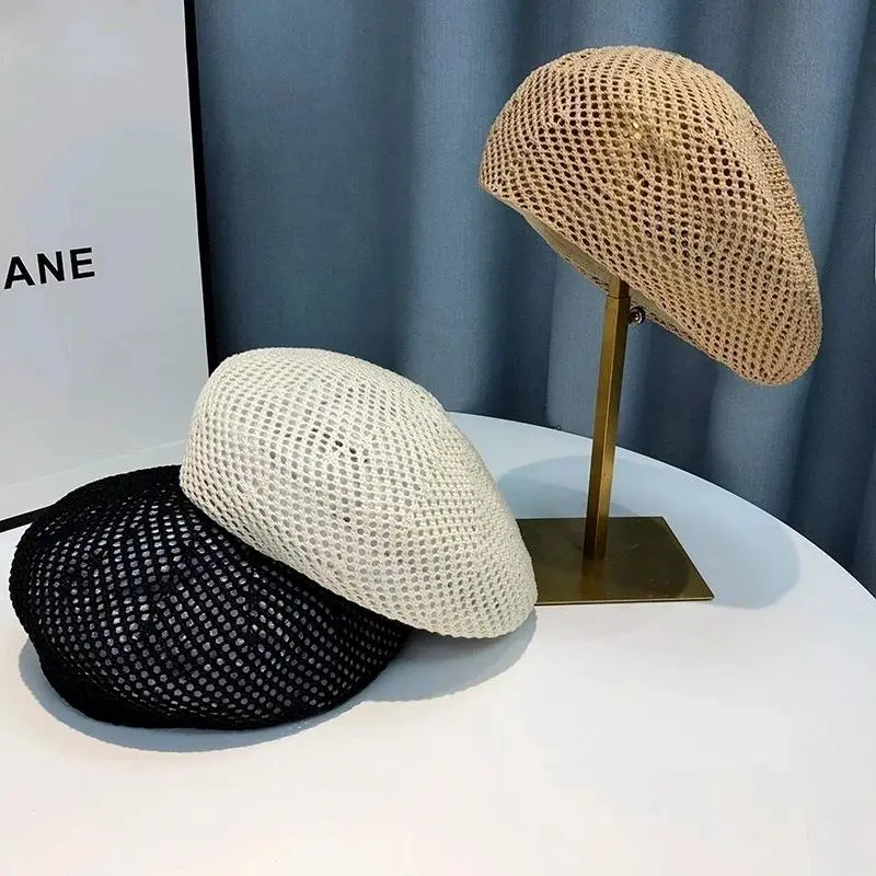 Unisex Japanese-Style Hollow-Out Knit Beret Beanie - Fitted, Elegant, Versatile, Breathable Beige Unisex Clothes Accessory for Artists, Spring-Autumn Seasons