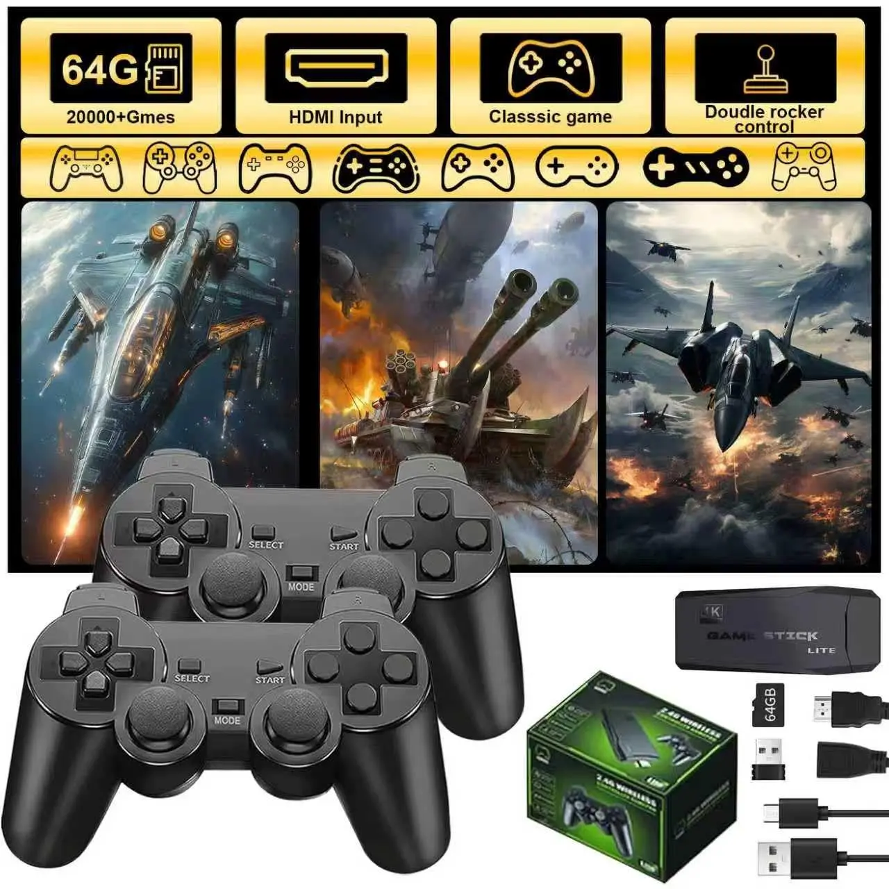 Plug and play game controller | 40000+massive nostalgic games+23 large emulators (supporting PSP/PS1/FC/GBA), equipped with dual wireless game controllers, 64GB large capacity, high-definition output large screen, retro game console transformed into