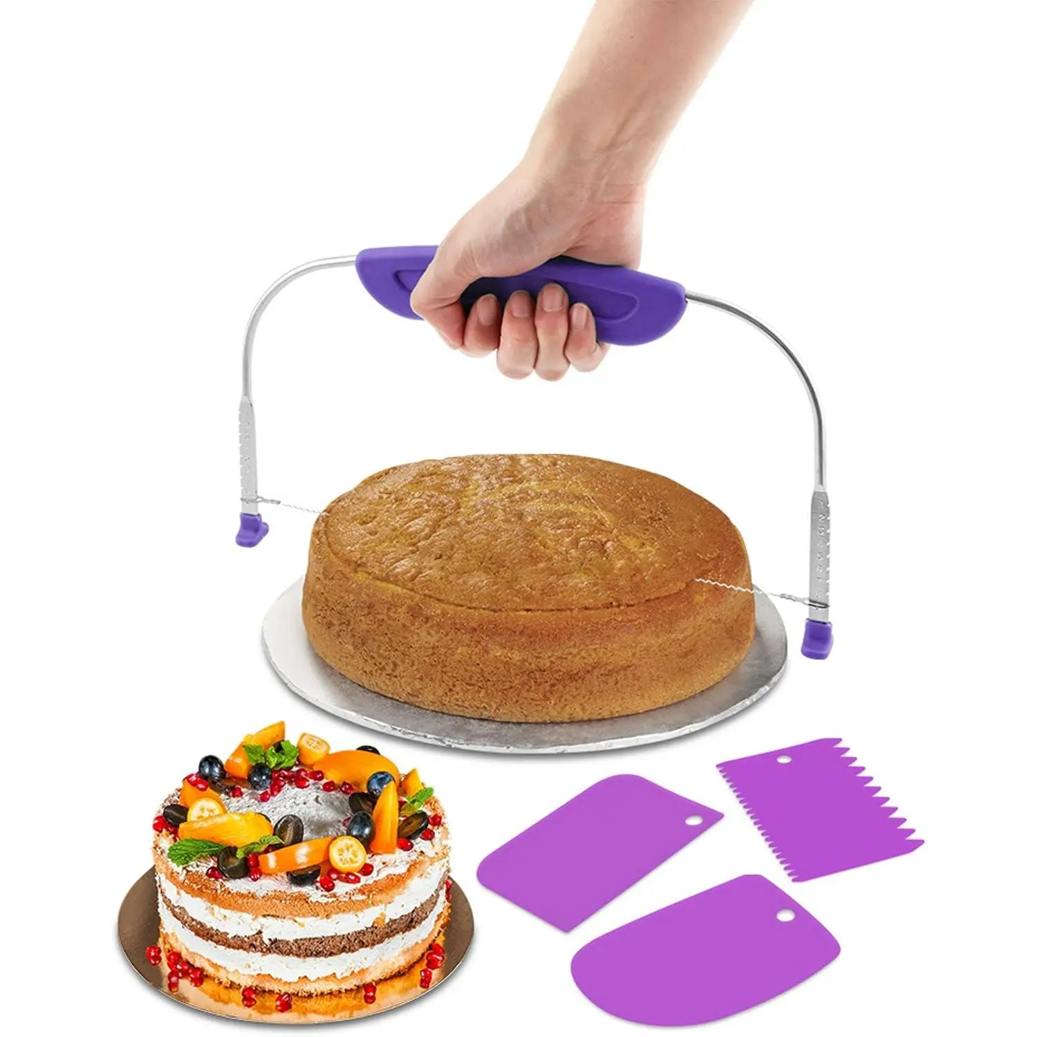 Adjustable Cake Leveler  With 3 count Cake Scrapers Set,Baking Supplies Tool for Kitchen,Large Size Cake- Slicer for Leveling,Single Stainless Steel Wire & Plastic Handle(COLOR:)