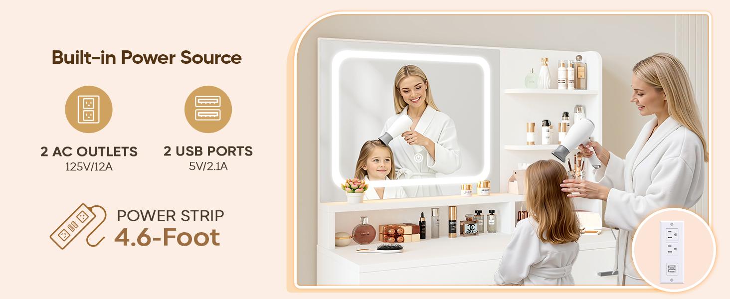 Makeup Vanity Desk with Smart LED Mirror & Charging Station 35.4" White Vanity Table Set with Cushioned Stool 4 Drawers Hairdryer Rack Modern Bedroom Dressing Table White chair light