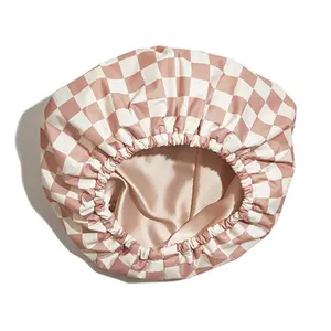 Women's 3-Layer Plaid Shower Cap with Satin Lining, Reusable Waterproof Haircare Protection for Long, Curly Hair