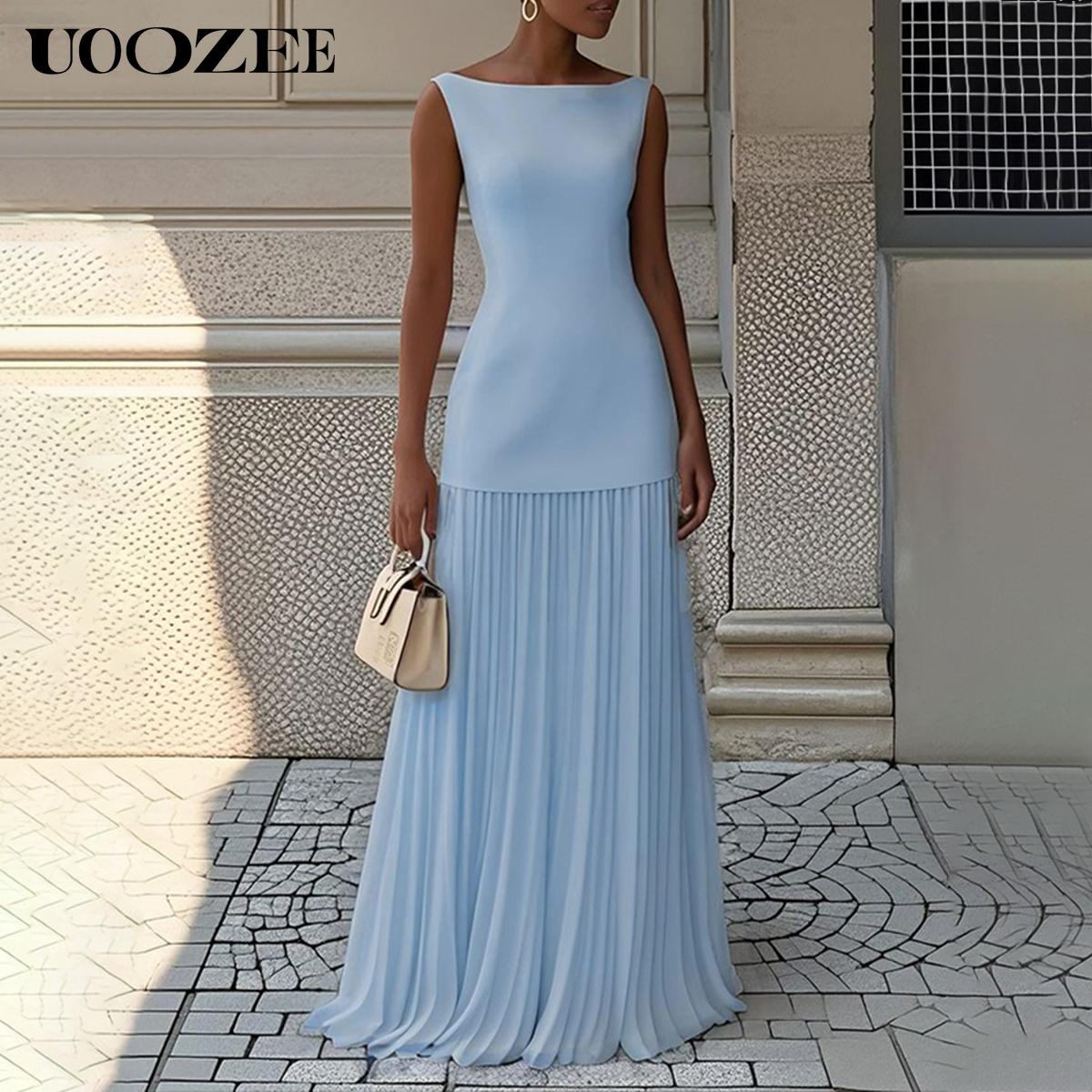 UOOZEE Women 2025 Evening Prom No Stretch Maxi Dresses Summer Elegant Sleeveless Pleated Gauze Cocktail Party Wedding Guest Dresses (Smaller Bust Fit, One Size Up Recommended for C - Cup and Above) birthday outfit elegantoutfits SpringStatements